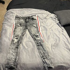 Rue 21 Skinny Jeans Grey with white and red stripe down side